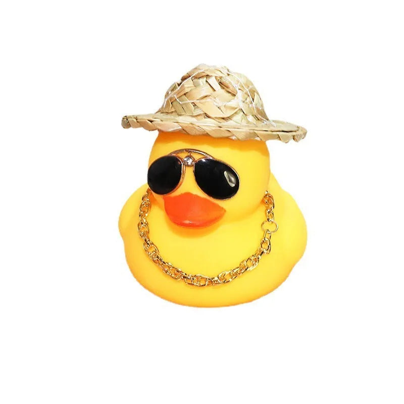 Cartoon straw hat yellow duck car decoration ornament with matte finish and sunglasses necklace