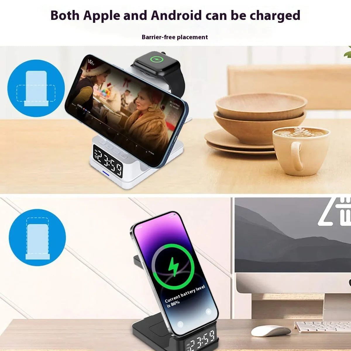 Black magnetic three-in-one wireless charger with clock on desk charging phone, watch, and earbuds