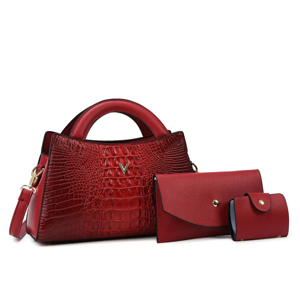 Women's square crossbody handbag in crocodile pattern PU leather, shown in apricot colour with visible strap and pockets.