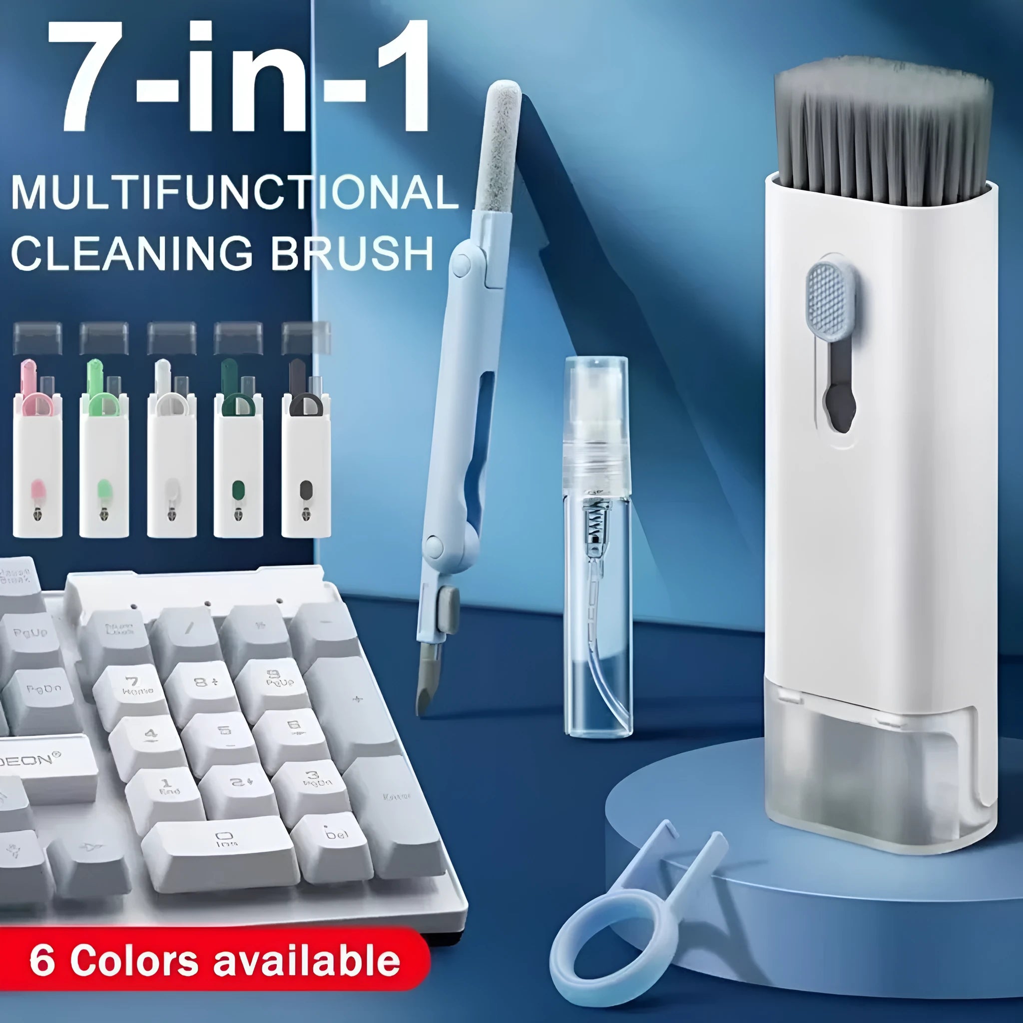 7-in-1 computer keyboard cleaner brush kit with earphone cleaning pen and keycap puller on blue background