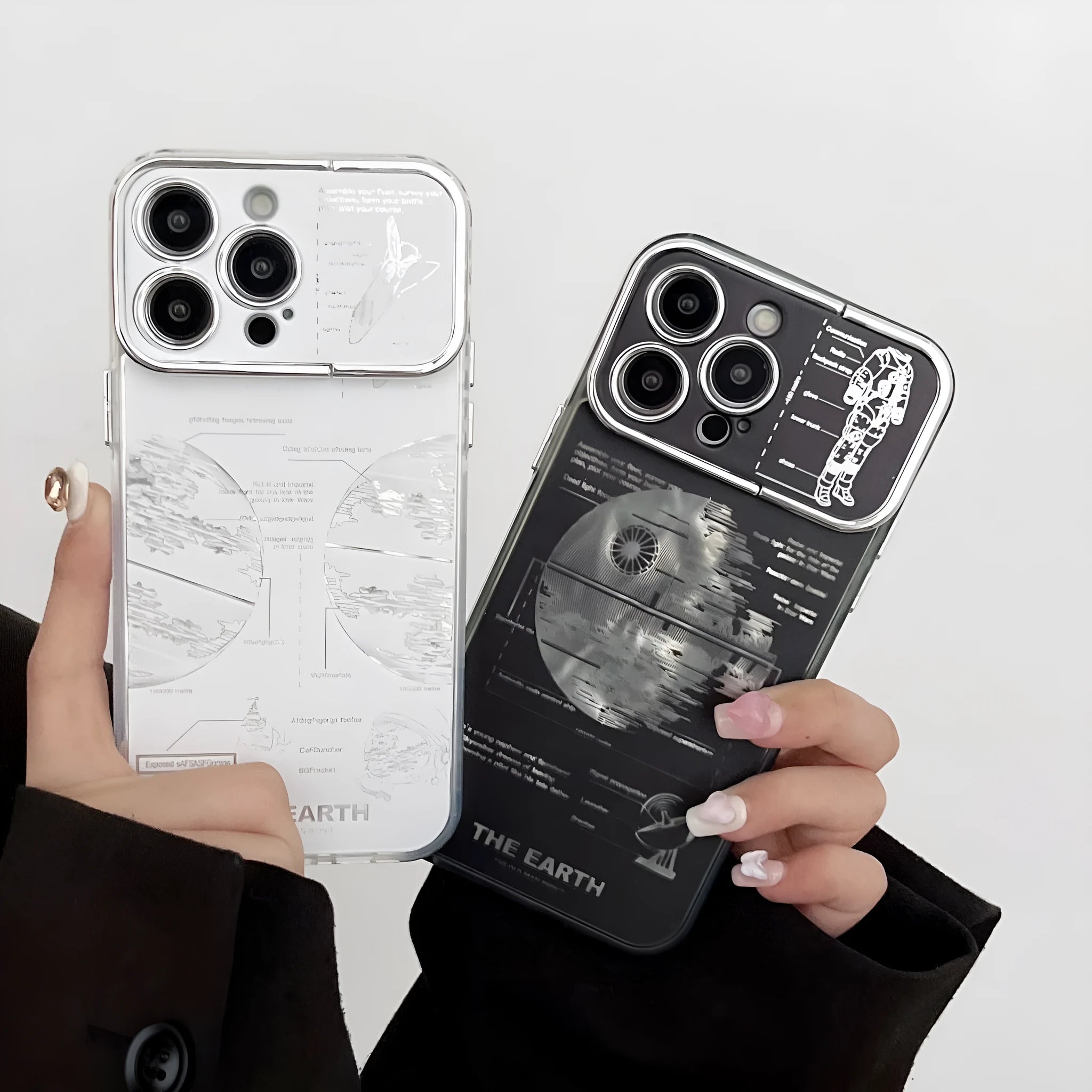 Pleated Bracket Phone Case Metal Planet for iPhone 11-14 Pro Max, two colour options shown