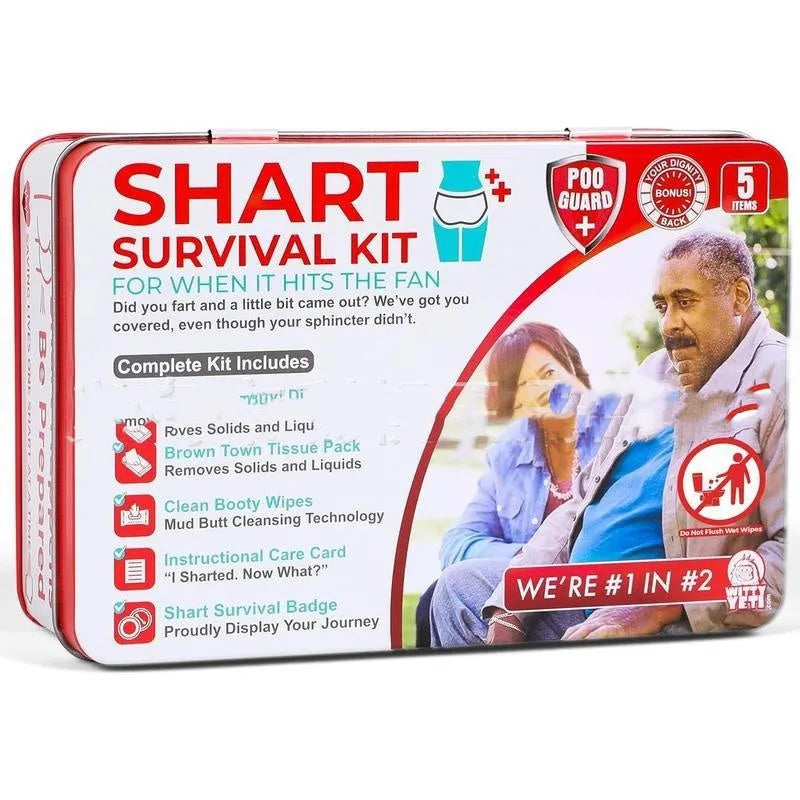 Poop gift set survival kit with wet wipes, dry wipes, disposable underwear, badge and instruction card, 276g, 17x12x4cm