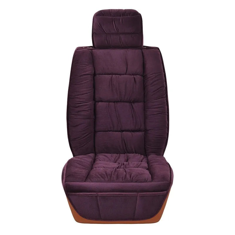 Plush winter car seat cushion shown in a grey set, with soft texture and fitting on a car seat.