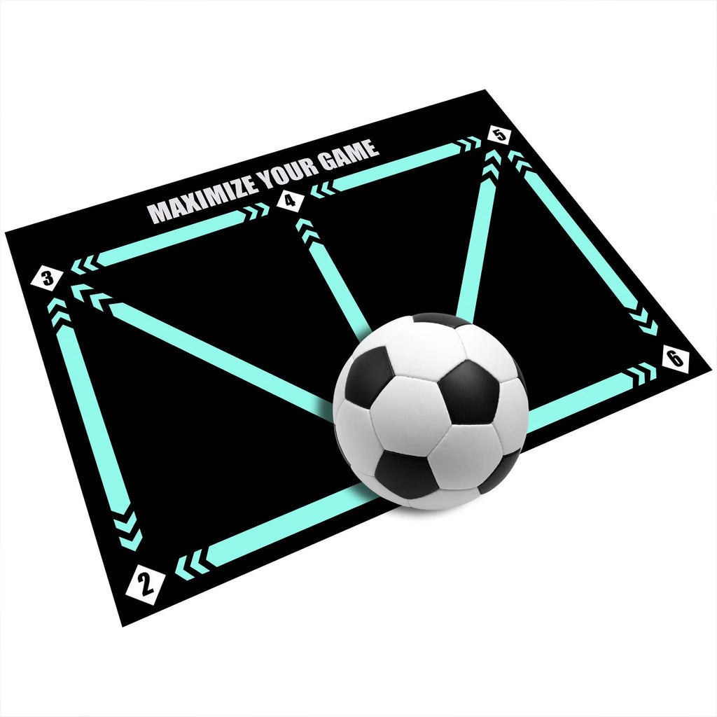 Black rectangular football training mat measuring 60cm by 90cm with a non-slip base for practice drills.