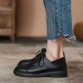 Slimming low heel British leather shoes for women, platform cross strap round toe, black and dark brown, sizes 35-40