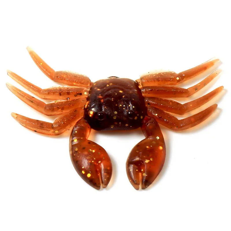 Red and brown 8cm long PVC soft plastic crab fishing lure on a white background.