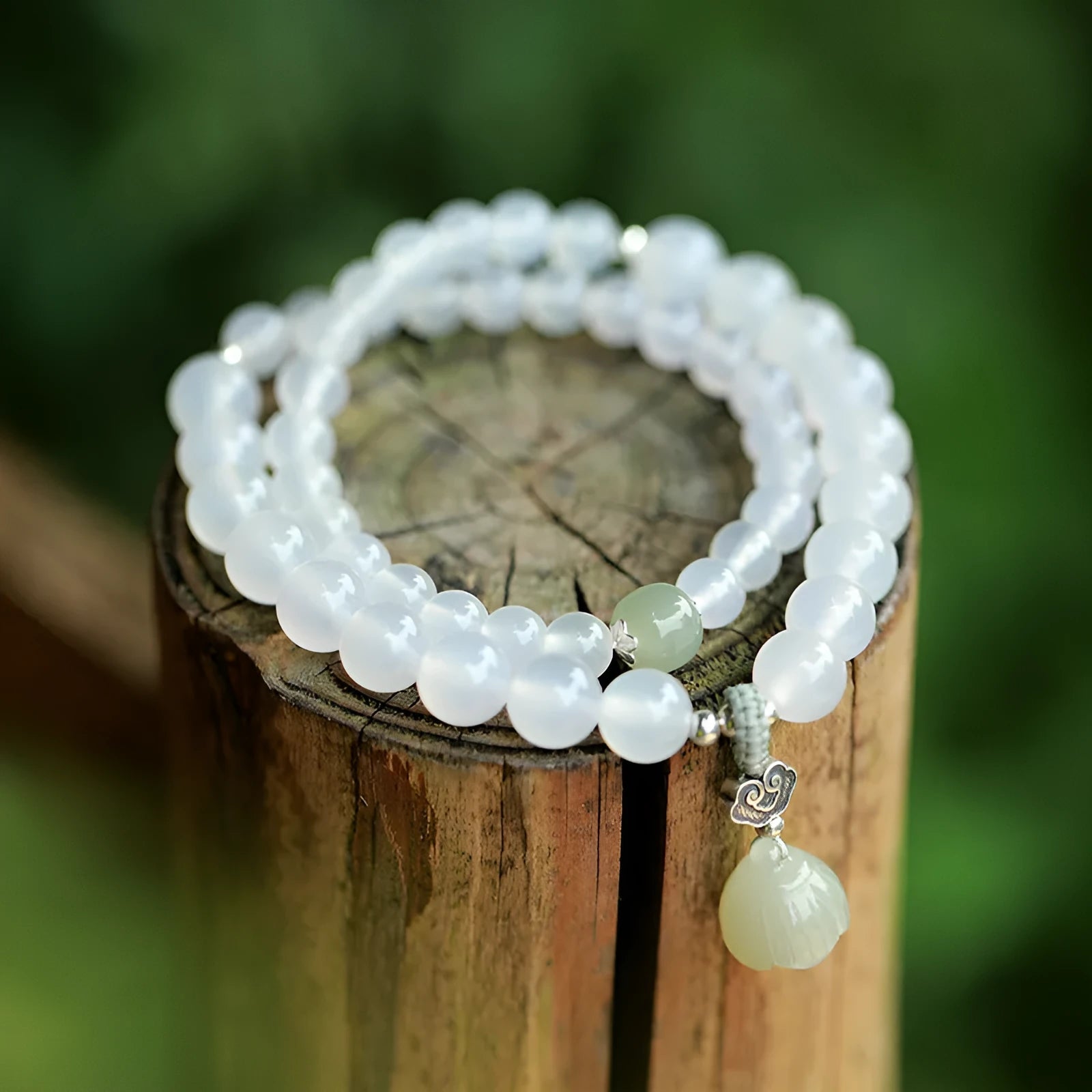 Women's S925 silver bracelet with white agate and Hetian jade stones in geometric national style