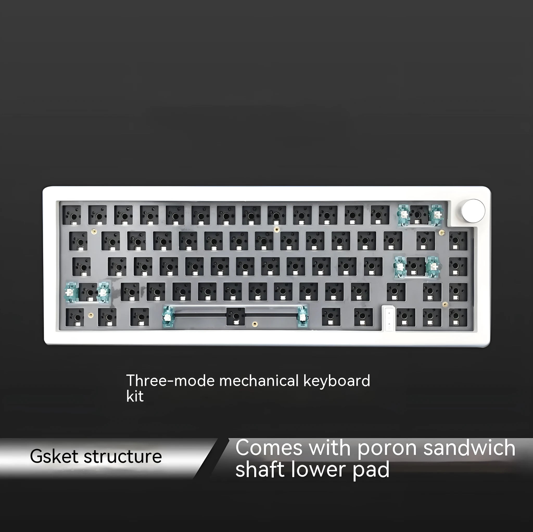 DIY mechanical keyboard kit with RGB lighting in seven colour options showing hot-swap sockets