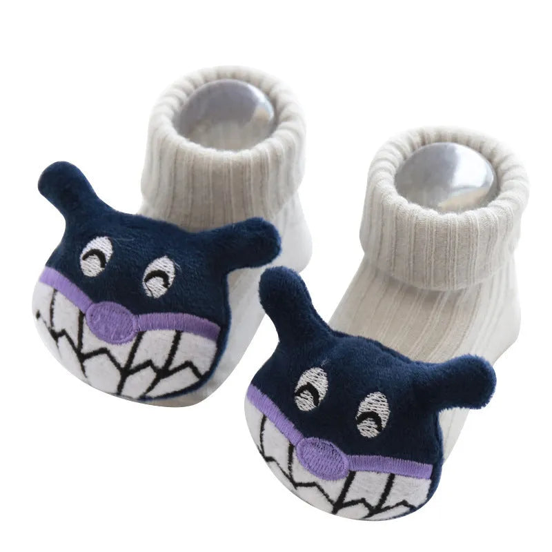 Cotton baby floor socks with anti-slip soles in animal designs for infants and toddlers