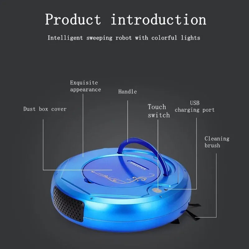 Lazy Smart robot floor sweeper vacuum cleaner in blue colour on a hard tile floor.