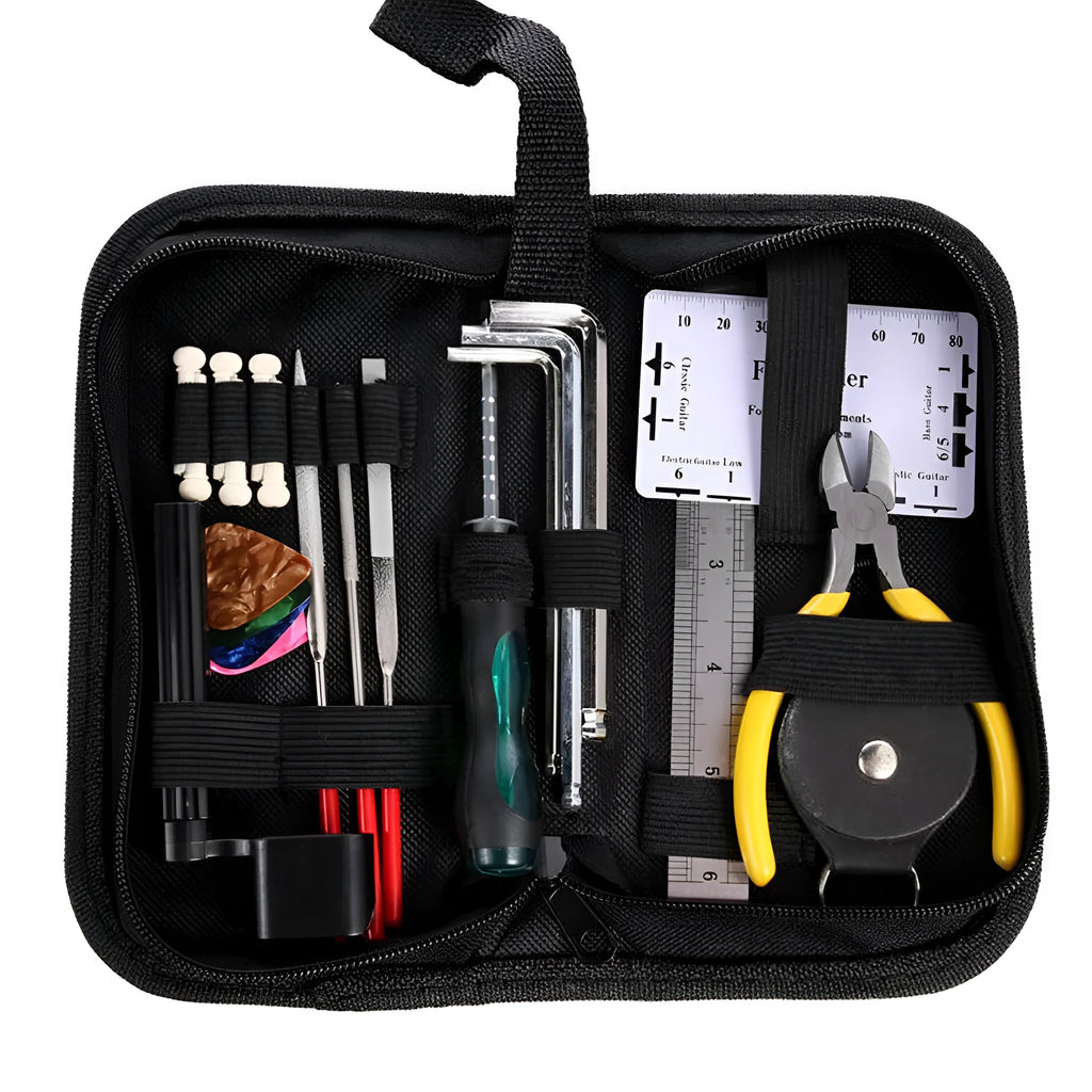 Black compact case open to reveal a guitar repair and maintenance tool kit for guitars, basses, mandolins, and banjos.