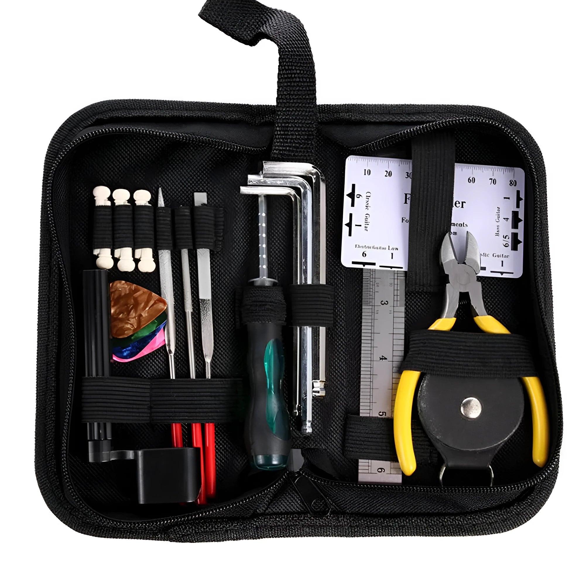 Black compact case open to reveal a guitar repair and maintenance tool kit for guitars, basses, mandolins, and banjos.