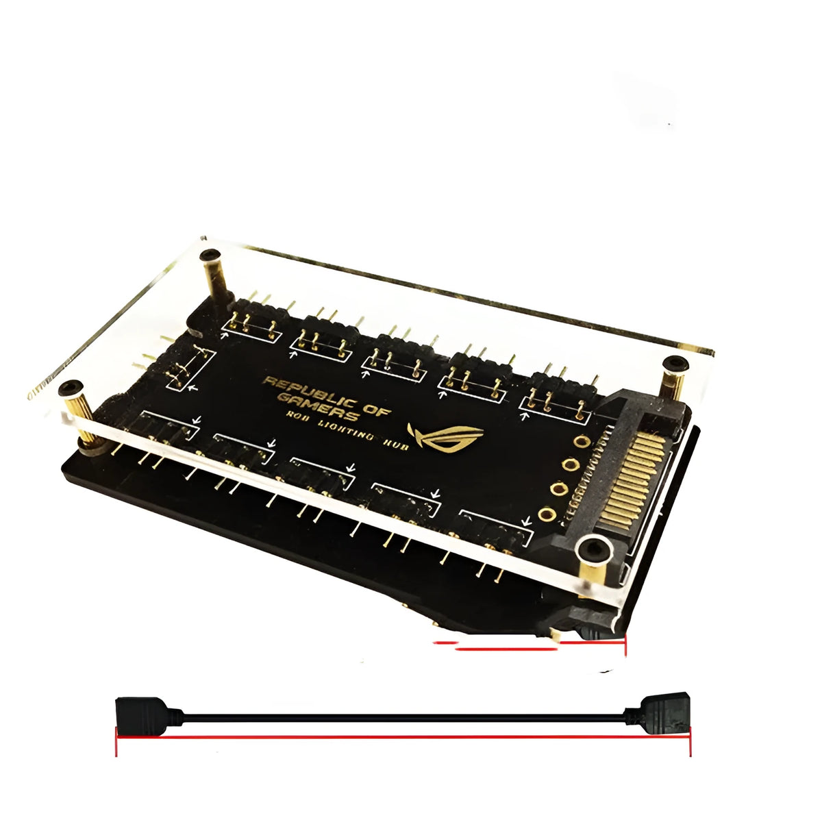AURA RGB One Point Ten 5V SATA Power Supply Hub, black, with up to 10 ports for PC RGB lighting