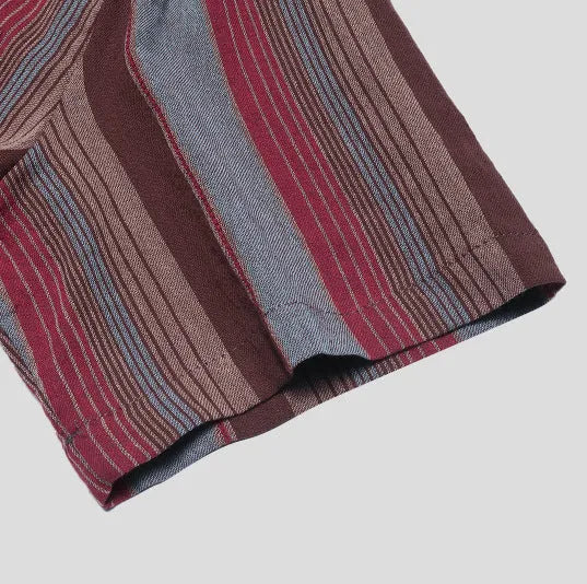 Men's long sleeve striped shirt with stand-up collar, lapel-style print and pocket decoration in red or yellow