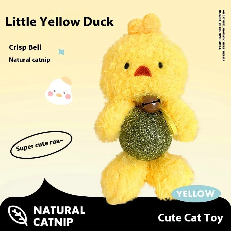 Plush cat toy shaped like a bear with a central catnip ball and small bell.