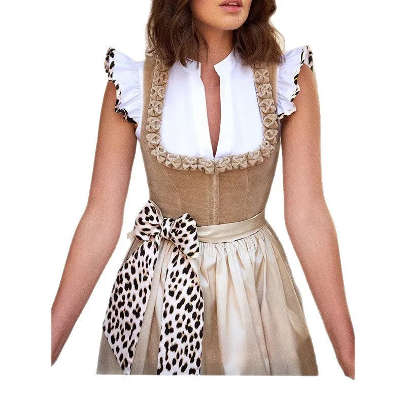 Women's khaki German Oktoberfest beer style dress on a hanger