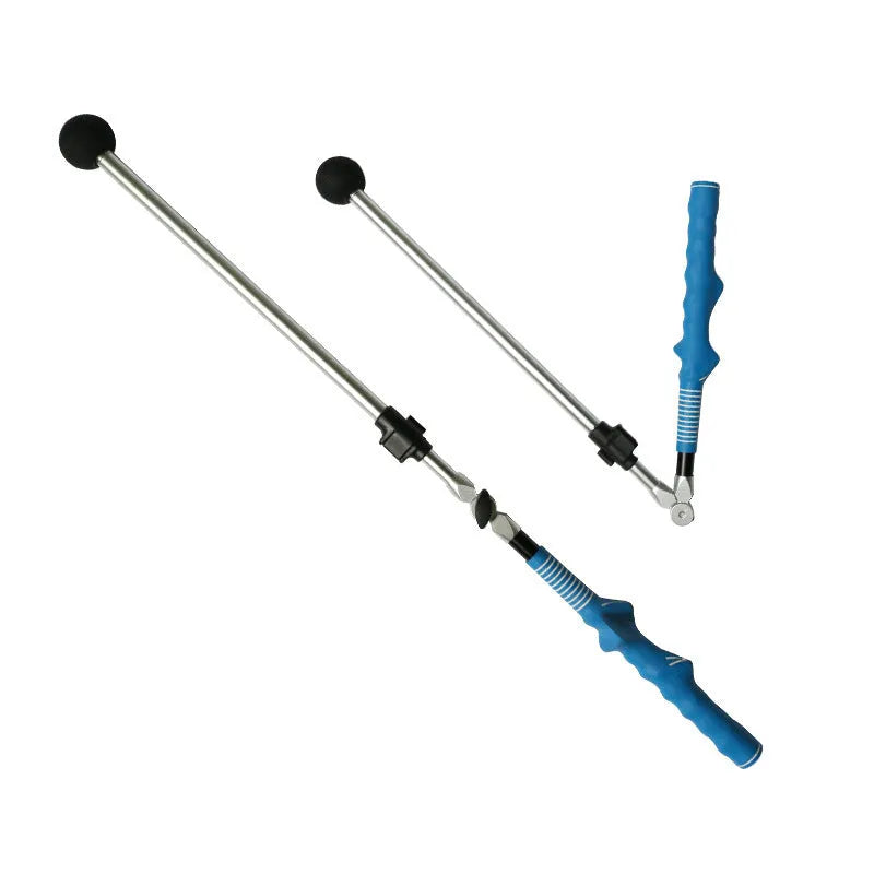 Golf folding swing trainer with aluminium shaft and rubber grip, extendable from 79cm to 110cm, in black or blue