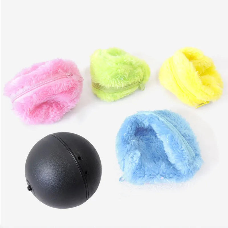 8cm electric pet toy ball with soft plush hood covering and plastic core, shown for interactive dog and cat play