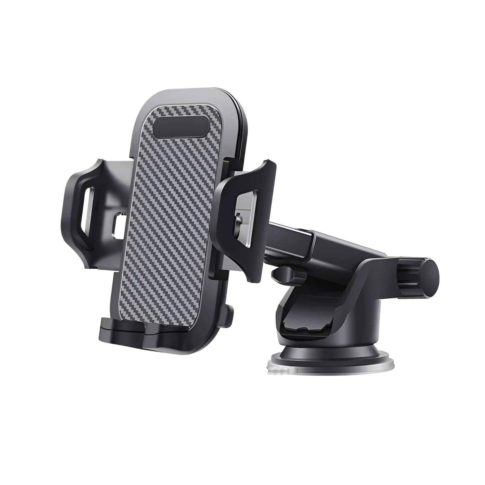 Black universal car phone holder with adjustable arms for 4 to 7 inch smartphones.