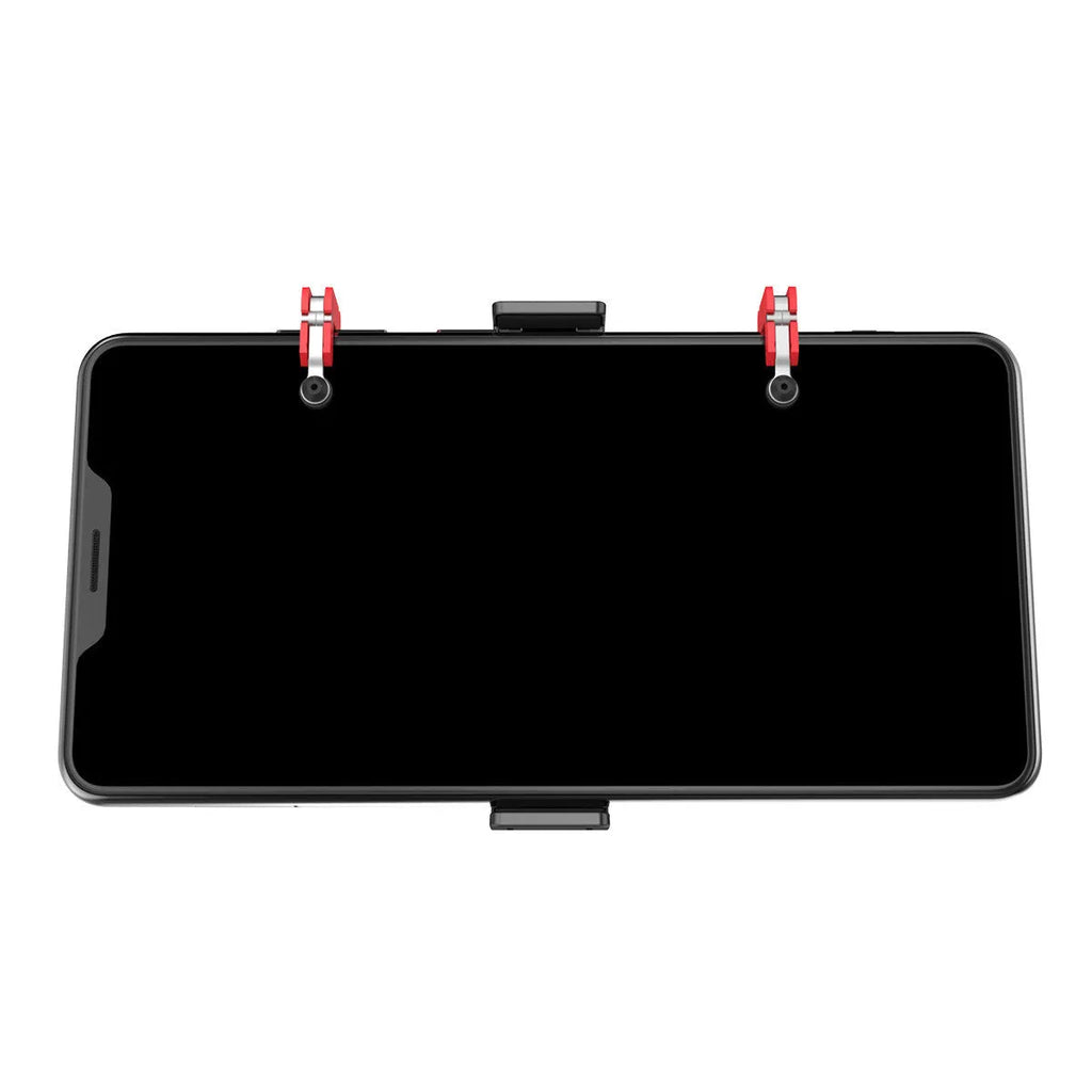Black mobile phone gaming bracket with a magnetic trigger handle extended, showing adjustable phone clamp.