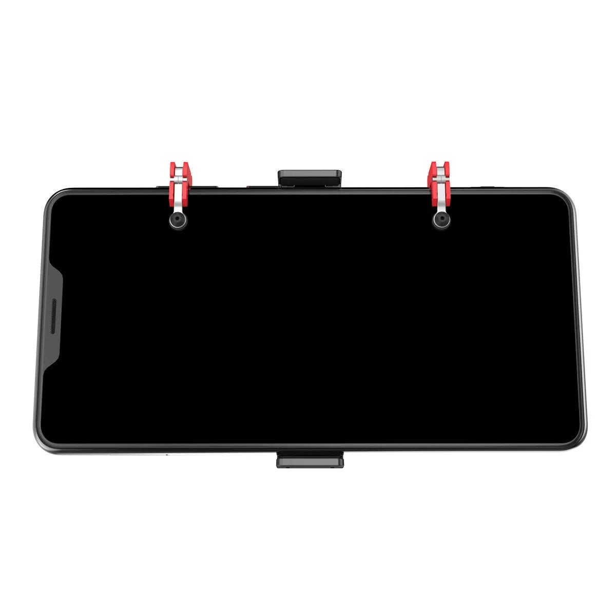 Black mobile phone gaming bracket with a magnetic trigger handle extended, showing adjustable phone clamp.