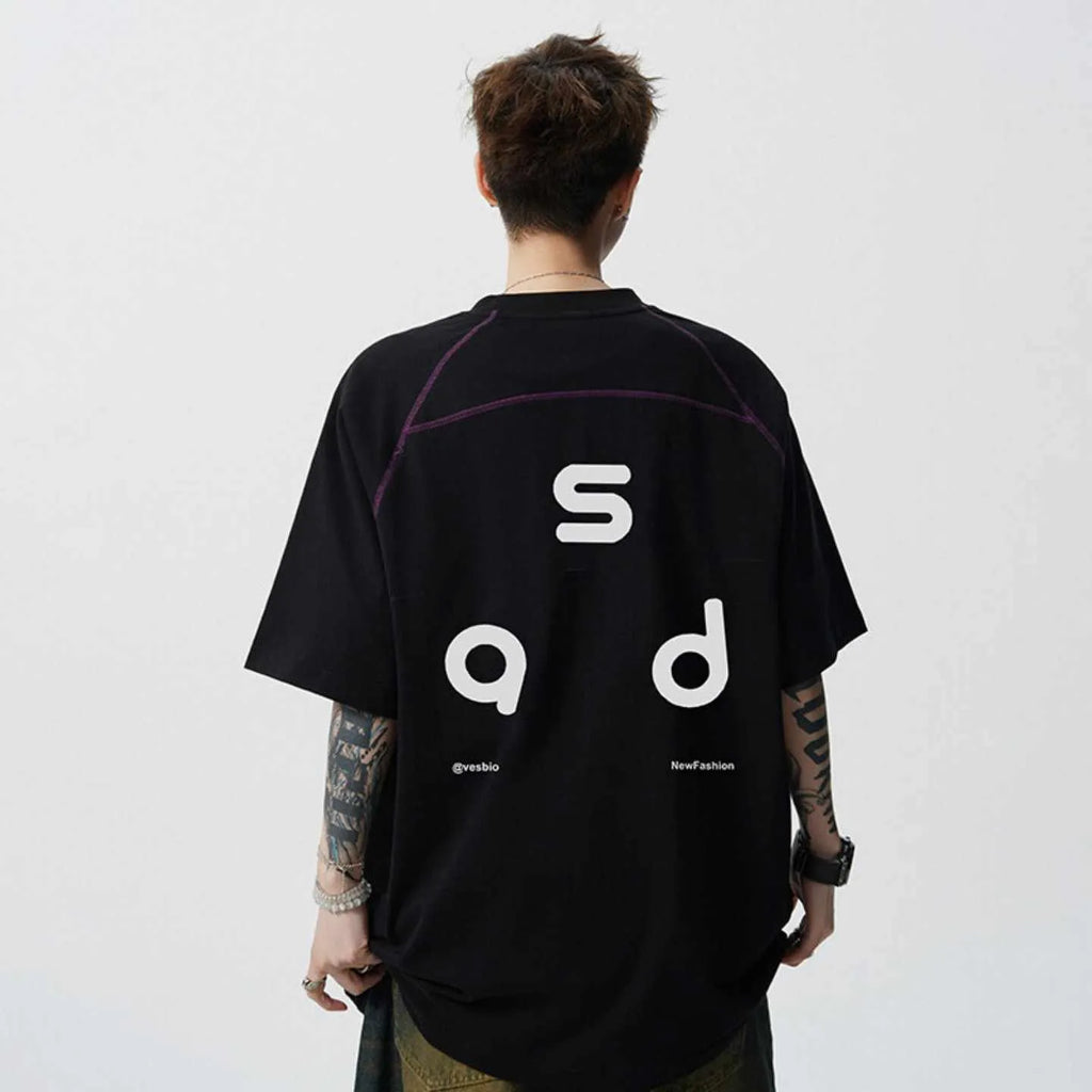Men's black cotton t-shirt with white letter print, short sleeves, and a round neck.