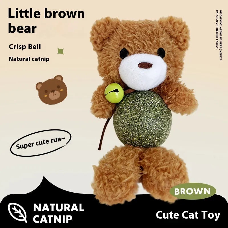 Plush cat toy shaped like a bear with a central catnip ball and small bell.