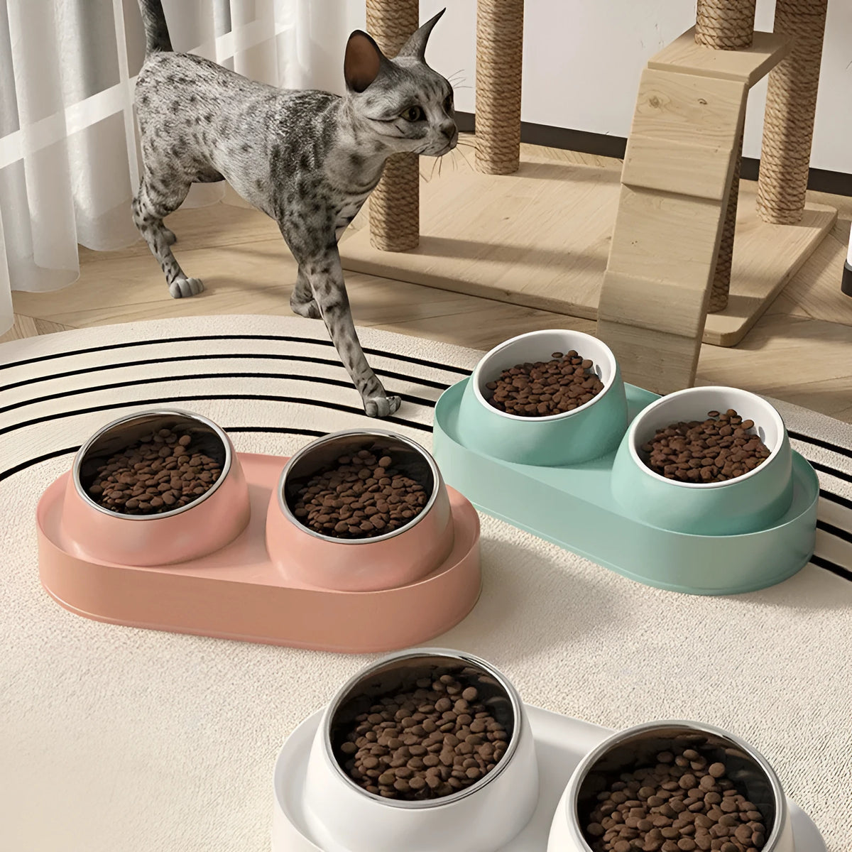 White elevated pet feeder with two tilted bowls on a separate rack, for cats and small dogs.