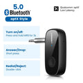 Car aux Bluetooth receiver with 3.5mm audio output and USB charging, Bluetooth 5.0, aptX support