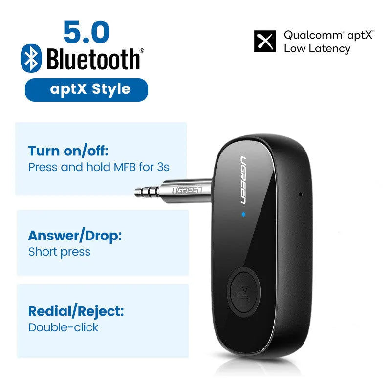 Car aux Bluetooth receiver with 3.5mm audio output and USB charging, Bluetooth 5.0, aptX support