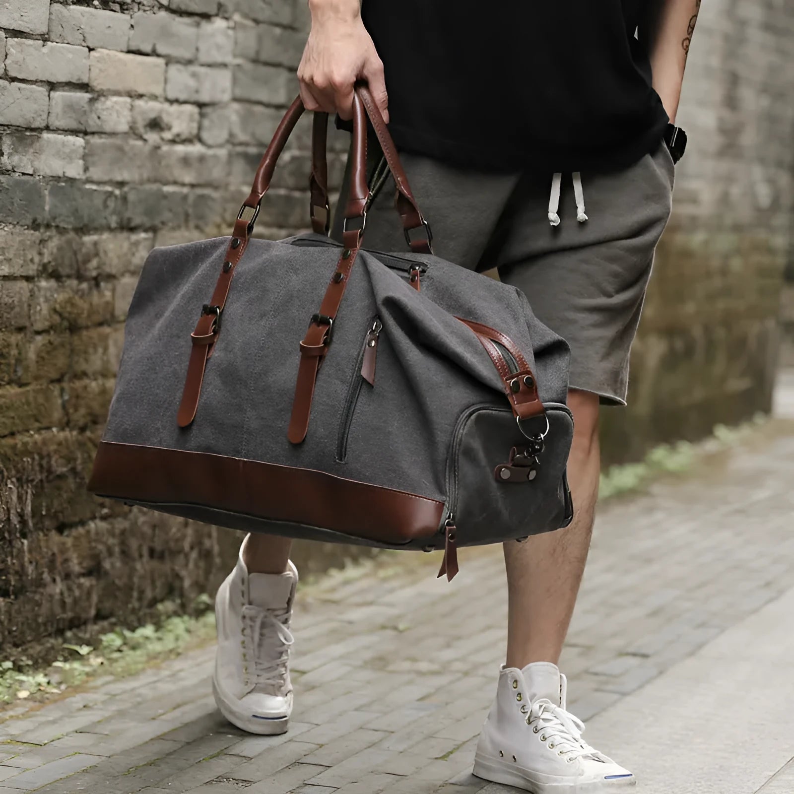 Retro canvas tote bag for men in ArmyGreen, large 36-55L capacity with zipper closure and soft handle