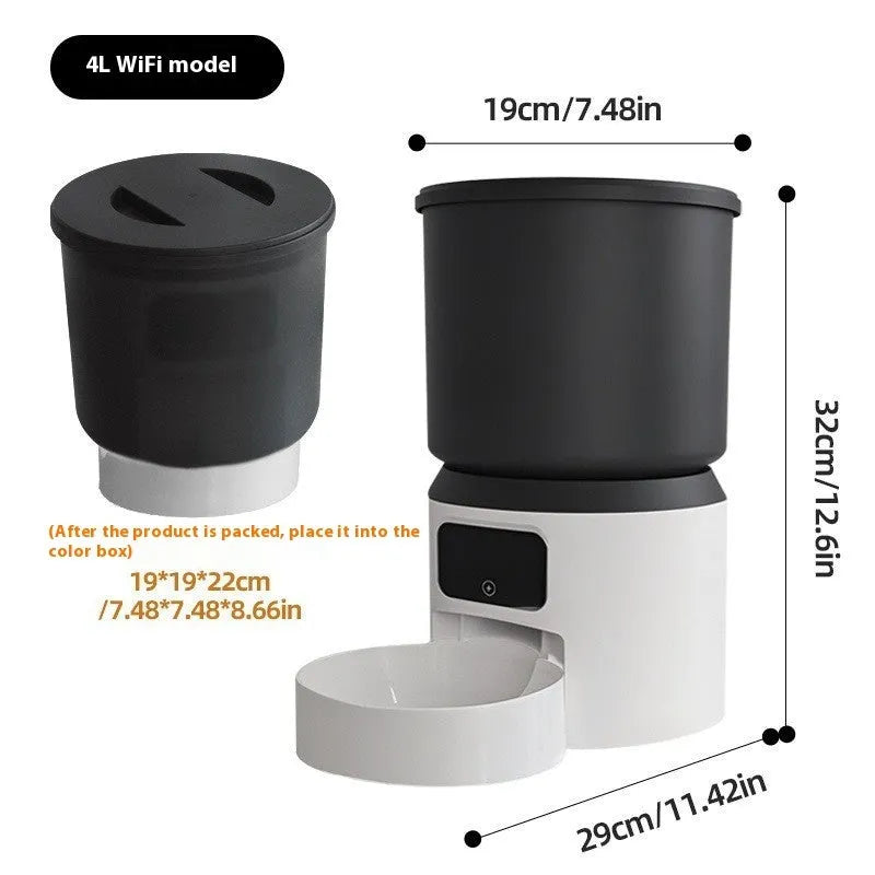 White 4L smart pet feeder with app interface on phone showing feeding schedule and pet camera view.