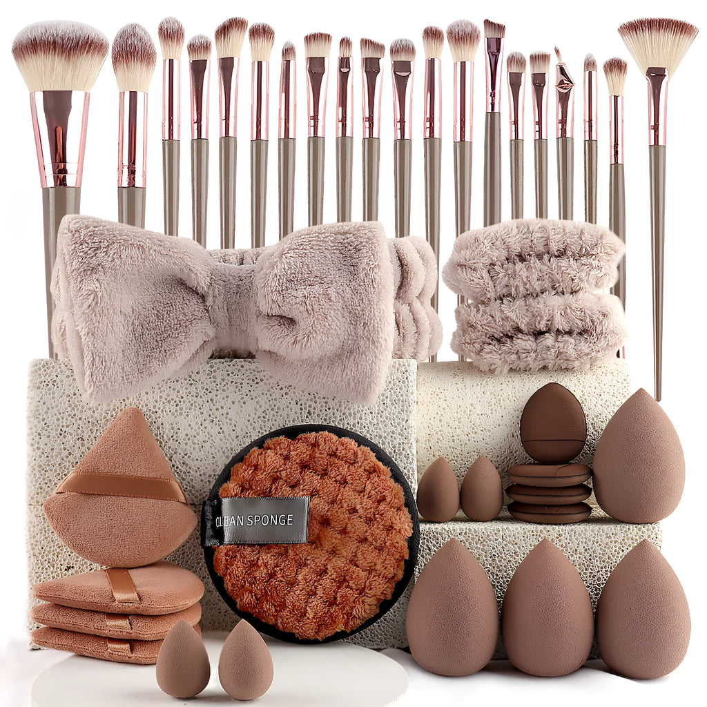 Beauty tool combination set with hydrophilic non-latex material in brown, pink, and purple colours