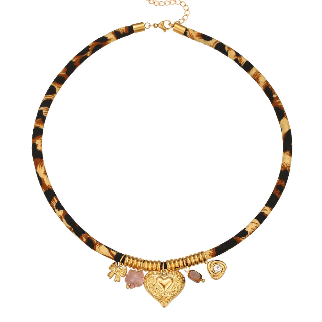 Geometric leopard pendant stainless steel necklace with gold-toned electroplated finish and adjustable chain