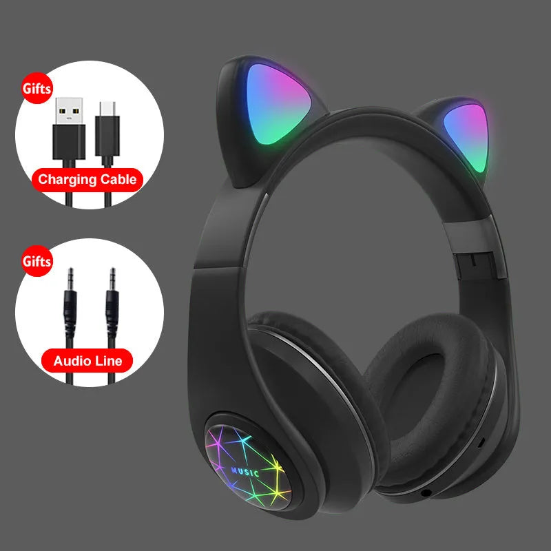 Wireless cat ear Bluetooth headset in multiple colours, showing head-mounted design for sports and music.