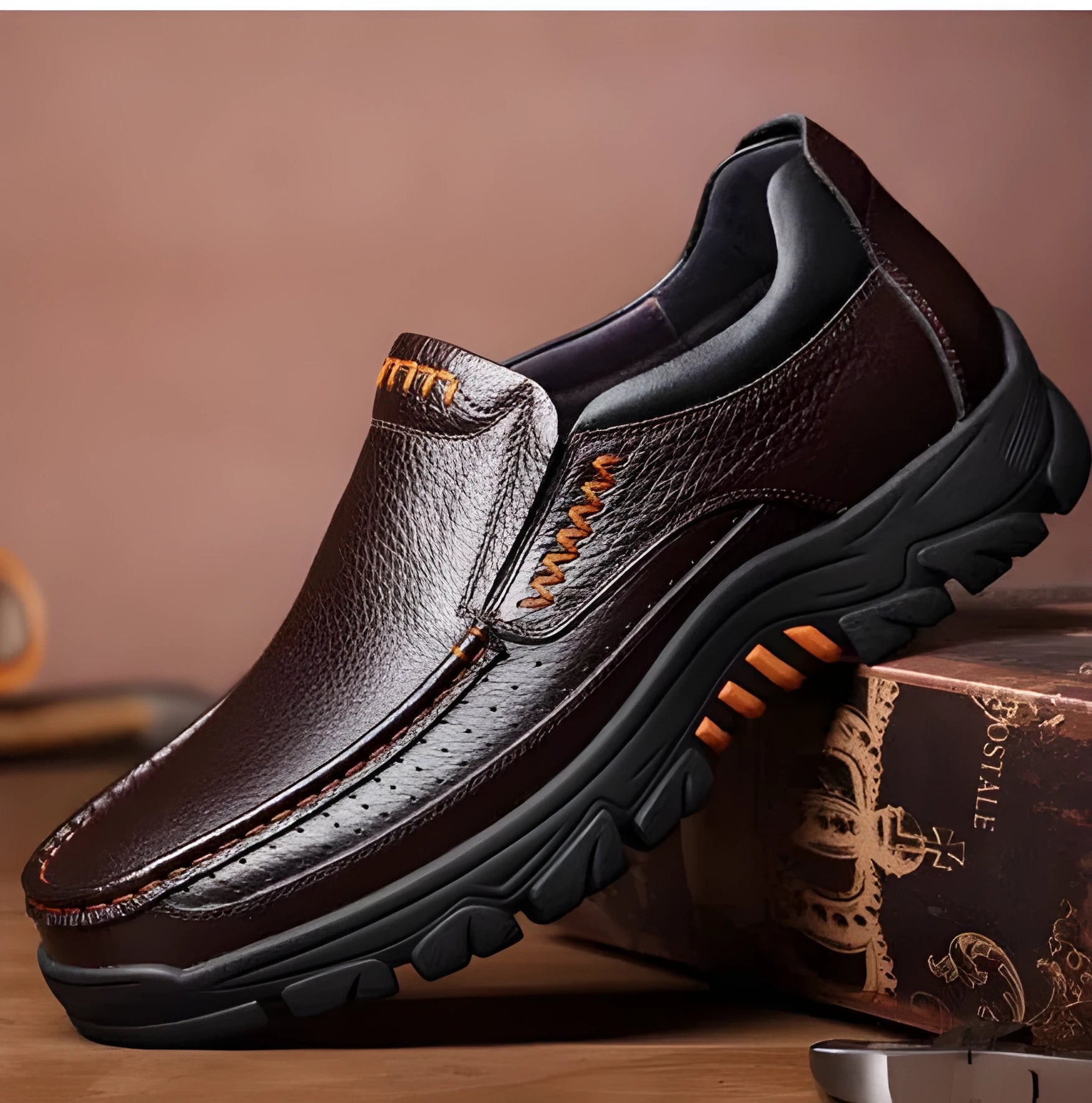Men's black and brown cowhide leather slip-on business casual shoes with rubber sole.