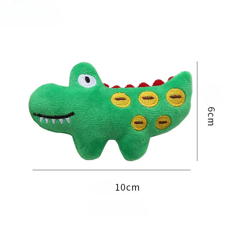 Plush cat toy shaped like a cow, crocodile, or parrot on a plain background.