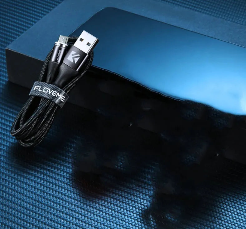 Magnetic charging cable with LED side lights in black colour, showing USB connector and magnetic phone attachment
