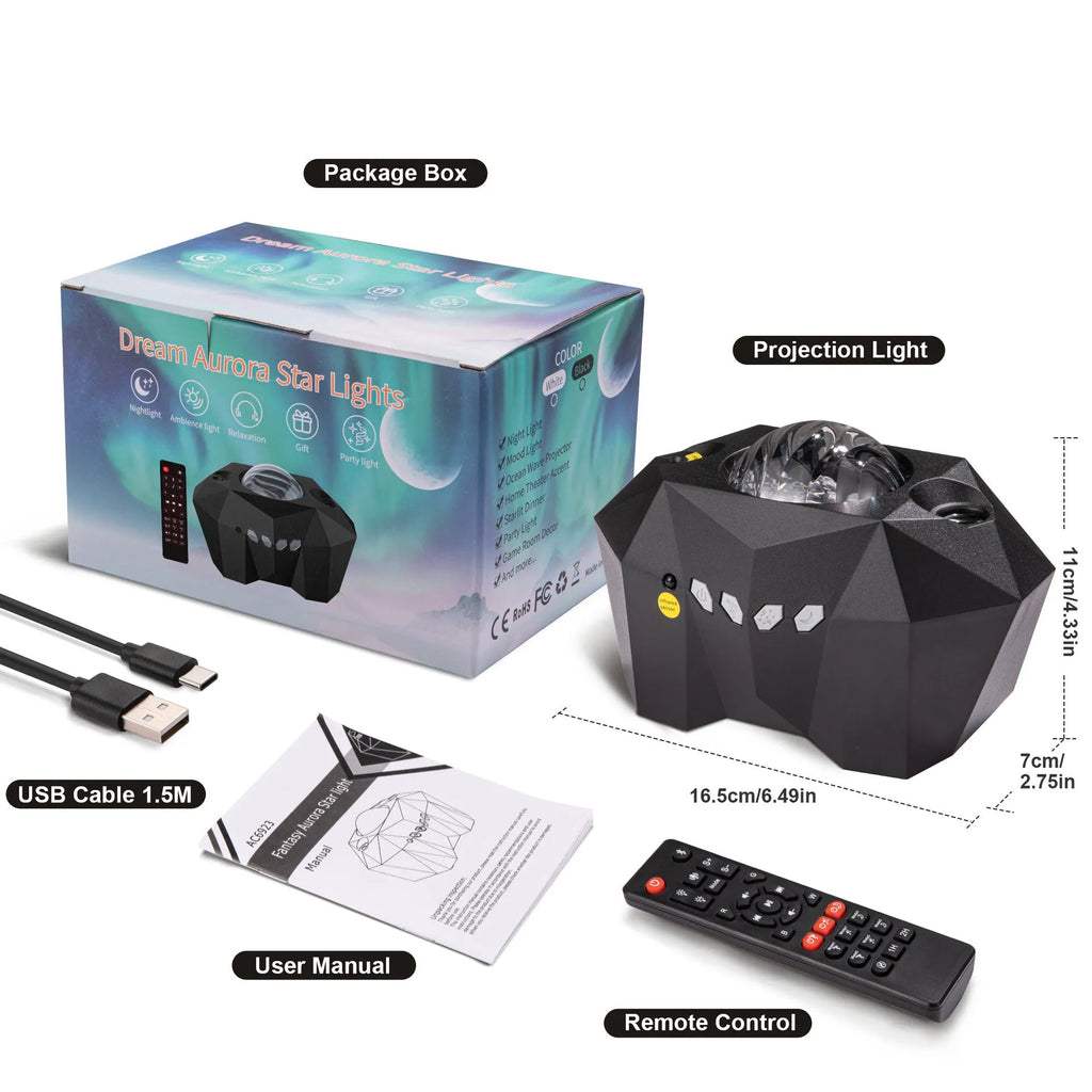 LED projector with green laser and multi-colour water wave, 13 colour patterns, USB powered, remote control included