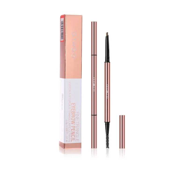 A brow make-up pencil in a colour box, showing six available shades like Auburn, Blonde, Caramel, and Taupe.