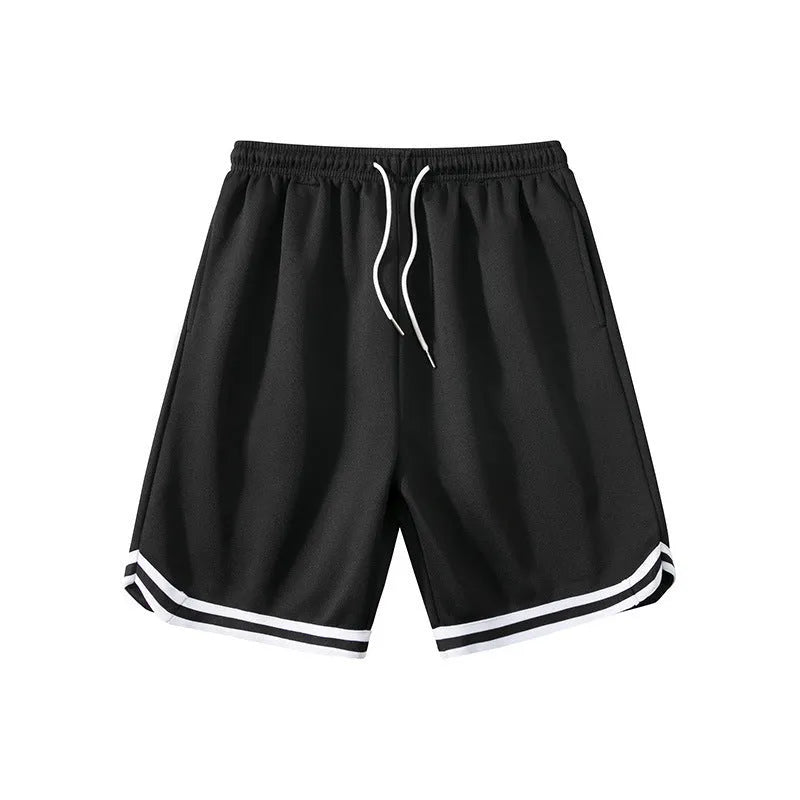 Men's loose-fit polyester sports shorts in various colours on a size chart background