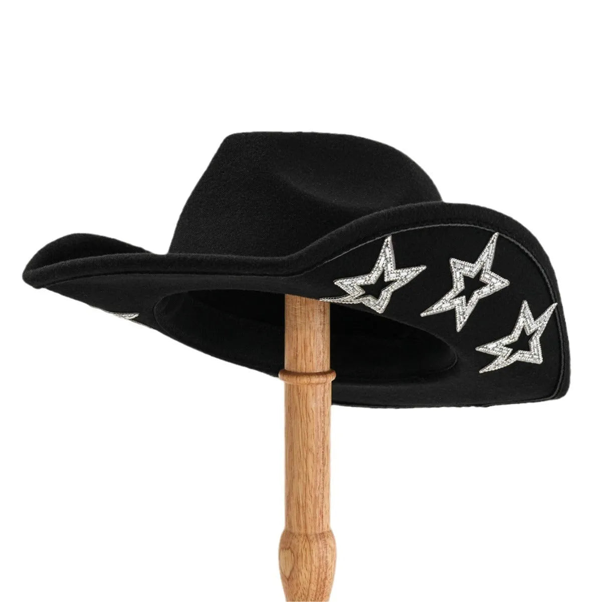 Beige polyester western-style top hat with a conical crown and a hexagonal star decoration on the side.