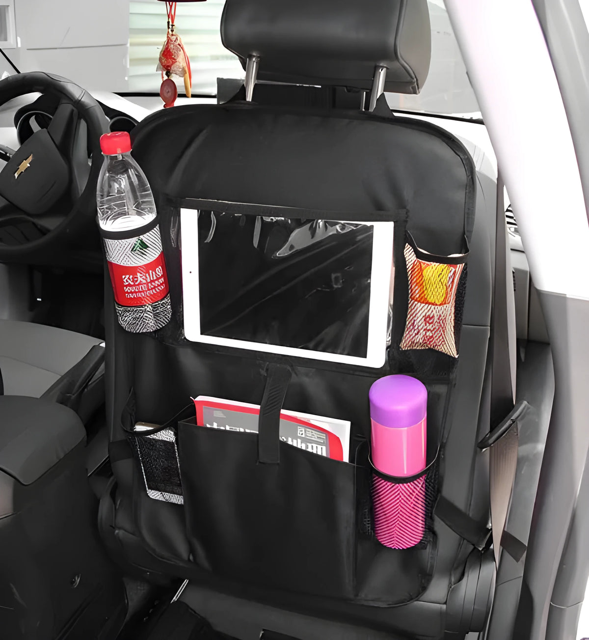 Car seat back storage bag with iPad pocket, 600D Oxford cloth, mesh and PVC film, 61x41cm