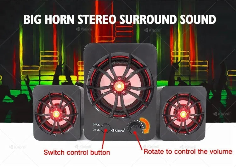 Green 2.1 USB computer speaker with glowing colourful lights showing USB and audio jack ports