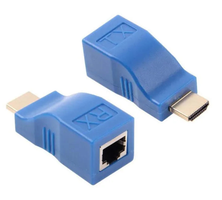 Compact black HDMI extender transmitter and receiver units for use with Cat-5e or Cat-6 cable.