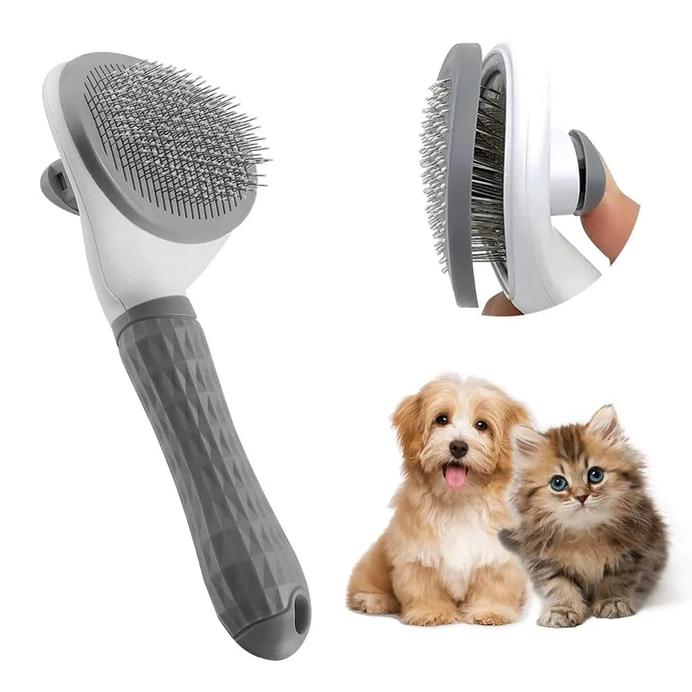 Blue cat grooming brush with a release button and fine wire bristles for pet hair removal.