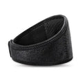 Black self-heating magnetic neck guard with adjustable shoulder strap laid flat.