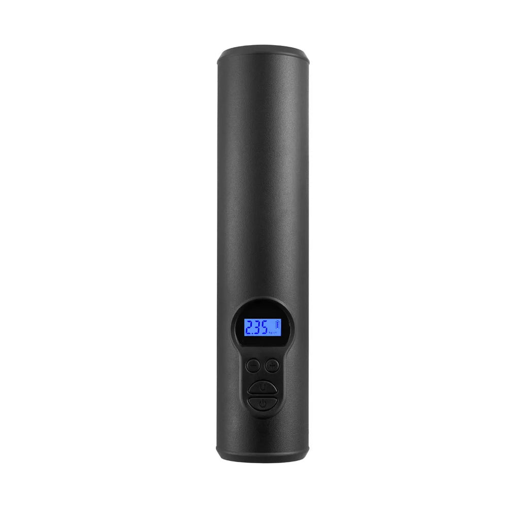 Wireless portable car tyre inflator with LED light, USB port, and multiple air nozzles on a black background.