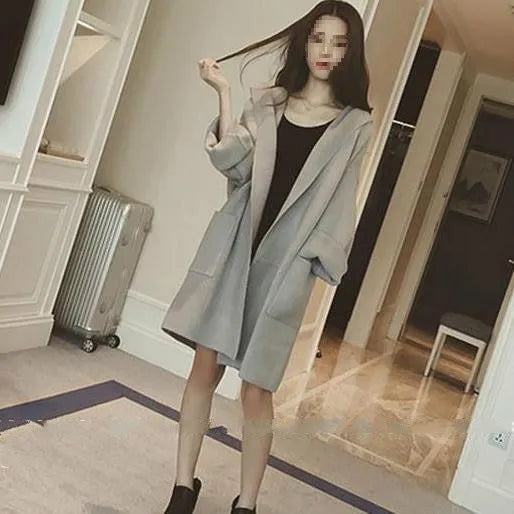 Plus size women's loose fit thin cotton coat in grey with lace detailing and long sleeves.