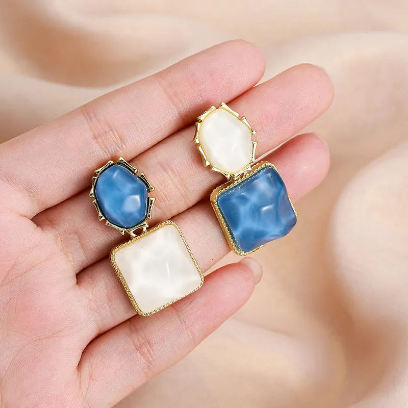 Contrast colour water ripple geometric square earrings in light blue, electroplated alloy, side view
